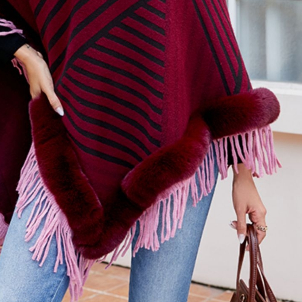 Plush Faux Fur Retro Fringe Stripe Pullover Oversized Warm Knit Poncho Cardigan - Picture 9 of 14